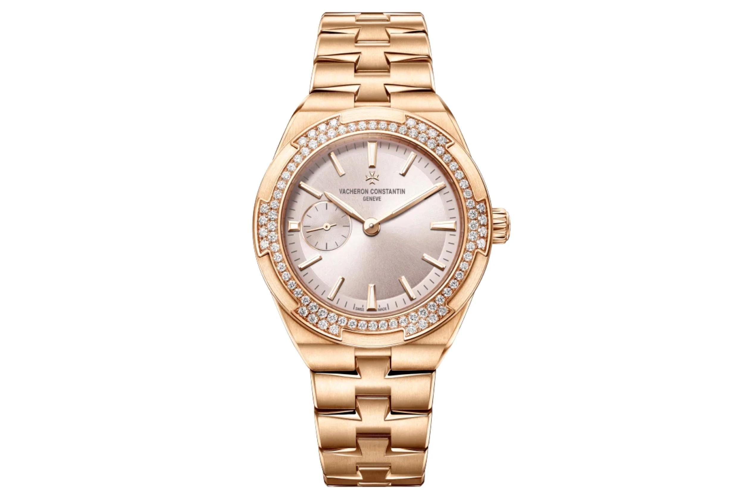 A refined women's watch by Vacheron Constantin features a rose gold case, a diamond-studded bezel, and a sleek dial with subtle hour markers and a small sub-dial.