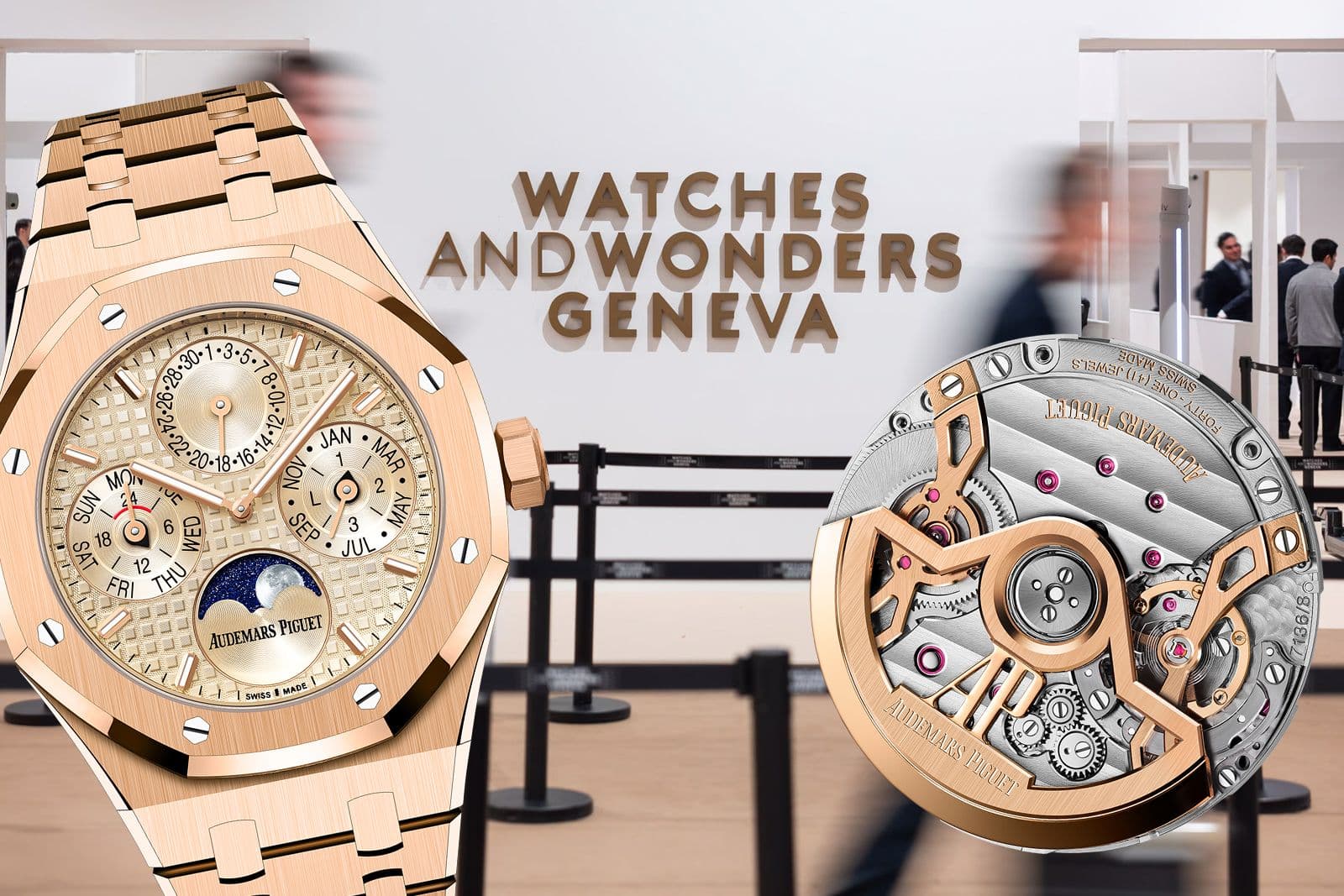 A rose gold Audemars Piguet watch with a detailed dial and intricate mechanical movement, displayed at an exhibition with a sign reading "Watches and Wonders Geneva."