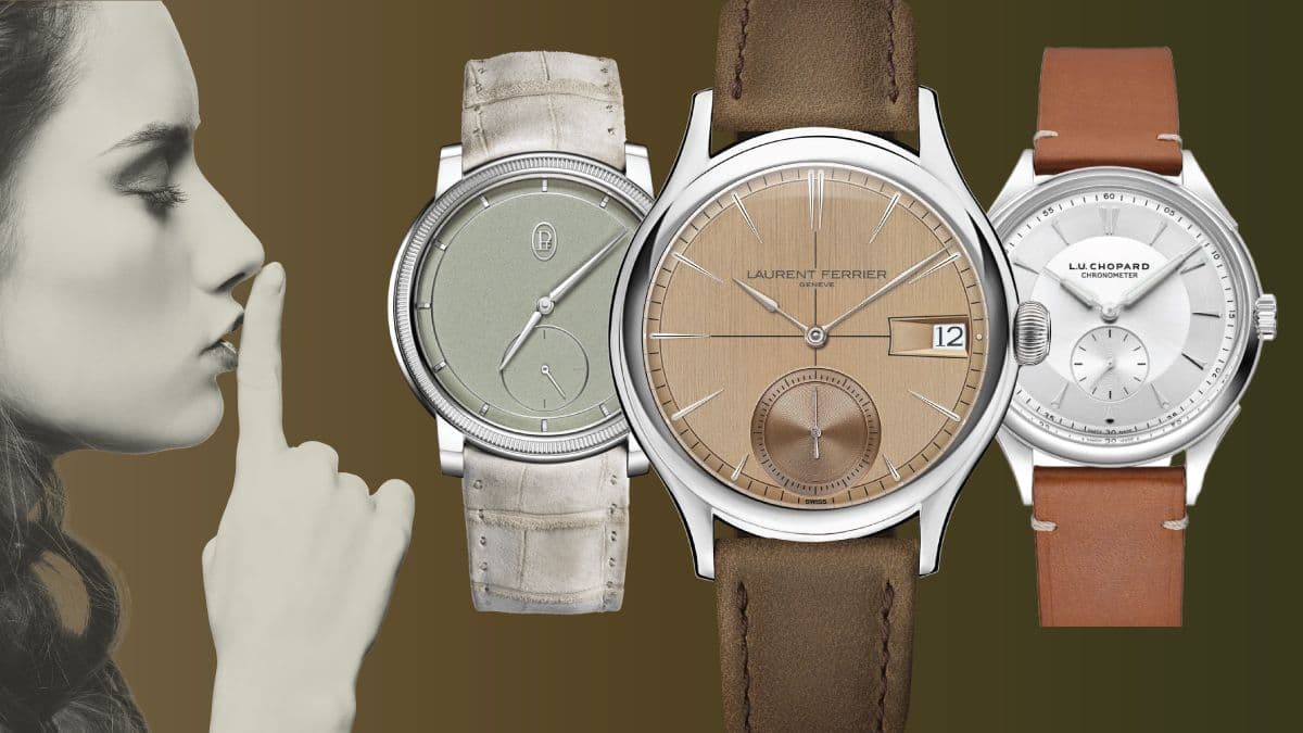 A woman with her finger pressed to her lips looks contemplative beside three understated, luxurious watches from brands like Laurent Ferrier, L.U. Chopard, and a third with a minimalist design, emphasizing quiet sophistication and collector's mindset shift.
