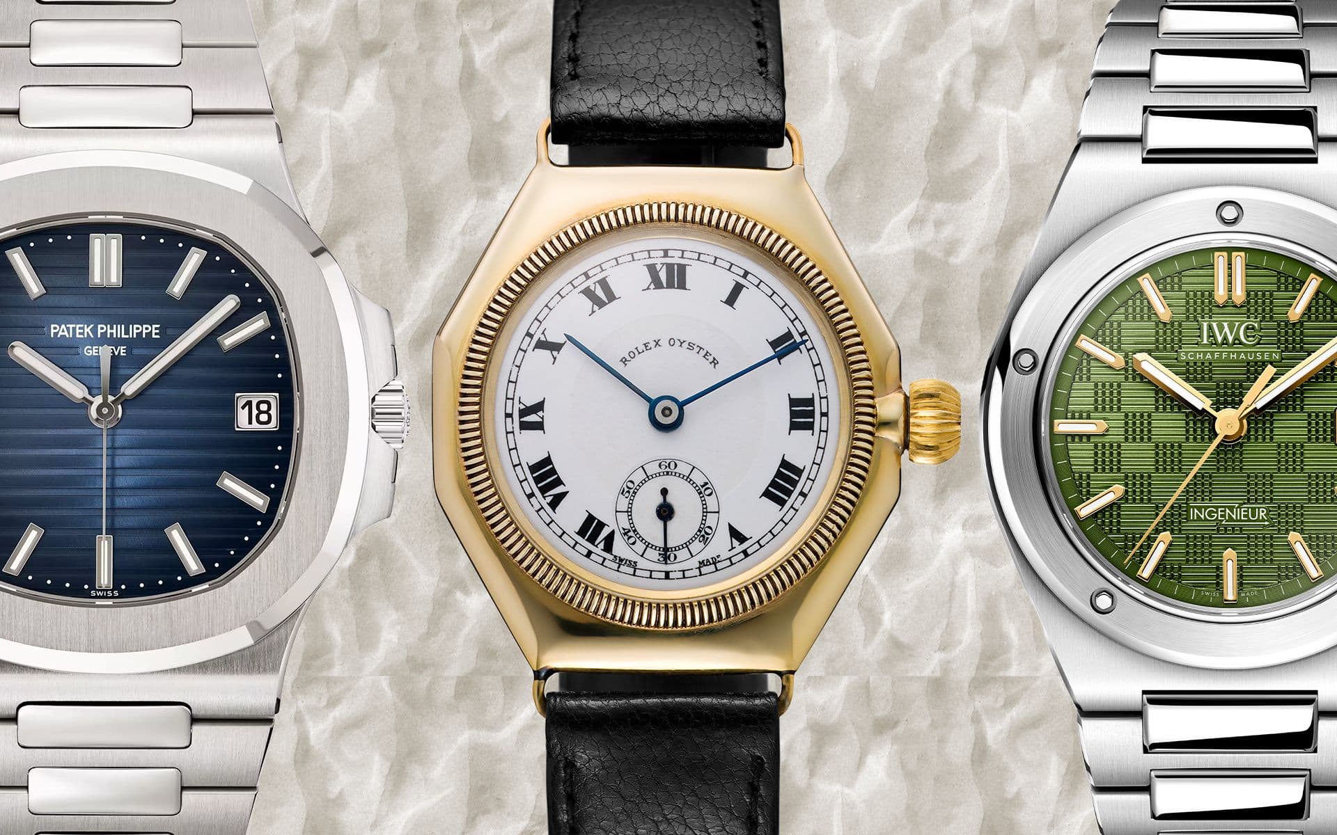 Three vintage luxury watches with distinctive designs and color schemes are displayed, each featuring unique dials and bands, showcasing the craftsmanship of brands like Patek Philippe, Rolex, and IWC Schaffhausen.