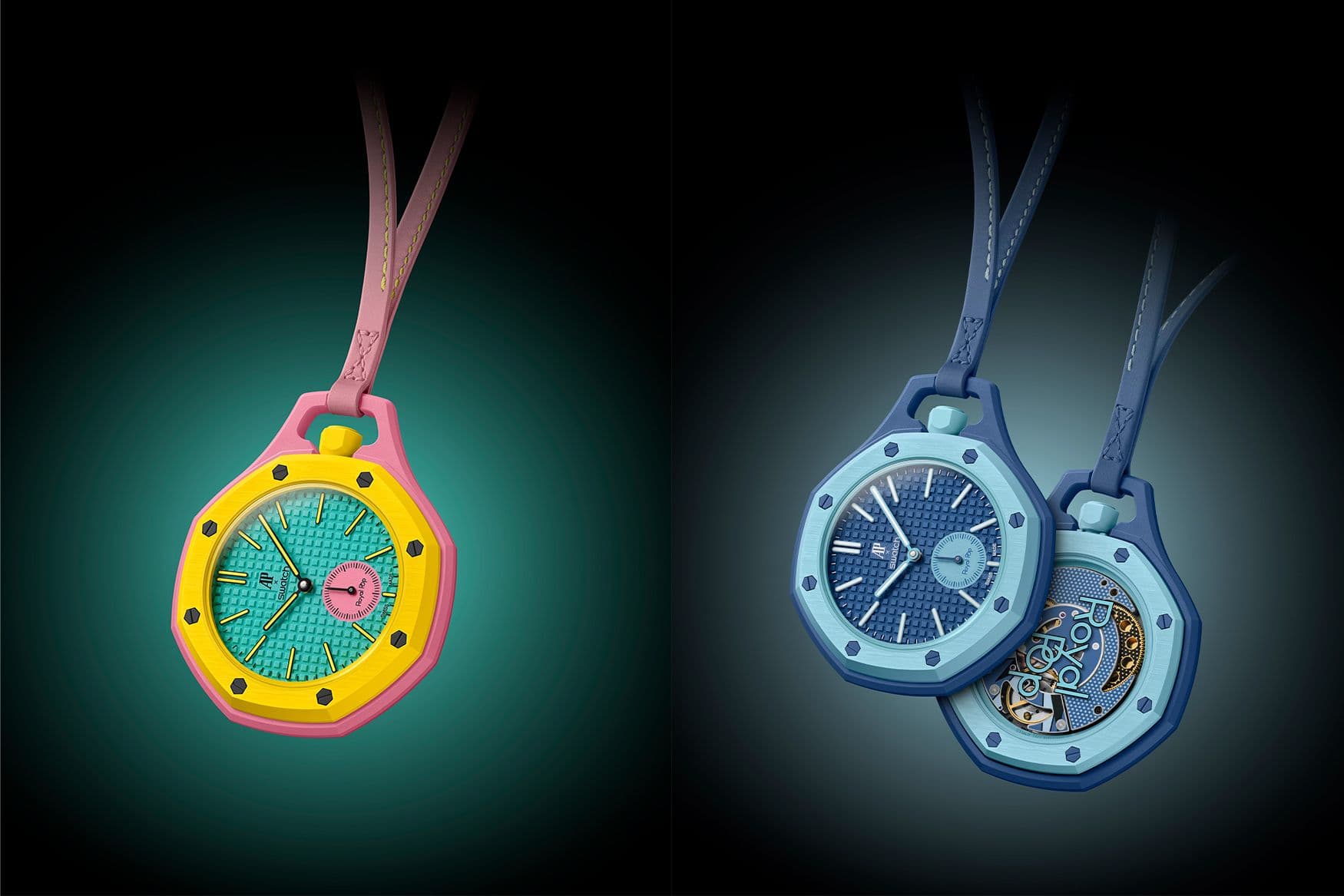 Two Royal Pop models from the Swatch x Audemars Piguet collaboration shown on lanyards.