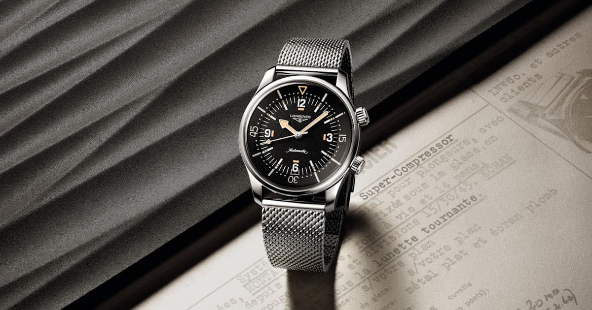Longines Legend Diver 59 with black dial and steel mesh bracelet